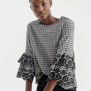 J Crew Gingham Plaid Top With Tiered Embroidered Bell Sleeves